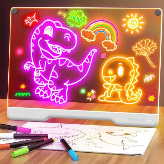 16-Inch Rechargeable LED Drawing Board, 9-Color Light Modes, Neon Art Dry Erase Light Up Doodle Glow Pad with Built-in Stand, Sketching Gift Toy for Kids/Girls/Teens, 7 Markers & Tracing Book