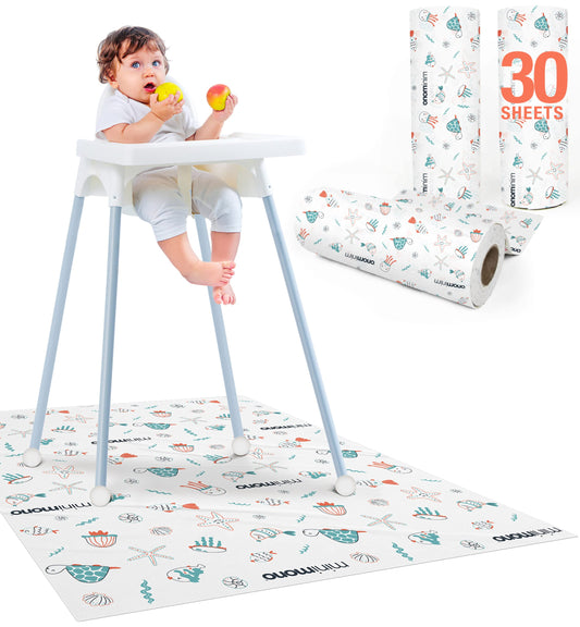 Minimono Baby Splat Mat for Under High Chair - 30 Pcs Disposable and Waterproof Splash Mats - 40"x47" Multipurpose Activity Mat for Picnic, Arts and Crafts - Baby Led Weaning Supplies (Sea Animals)