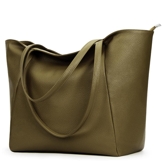 KALIDI Large Tote Bag Vegan Leather Casual Zipper Work Bag Weekender Hobo for Women 16L Oversize Shoulder Travel Purse, Olive Green