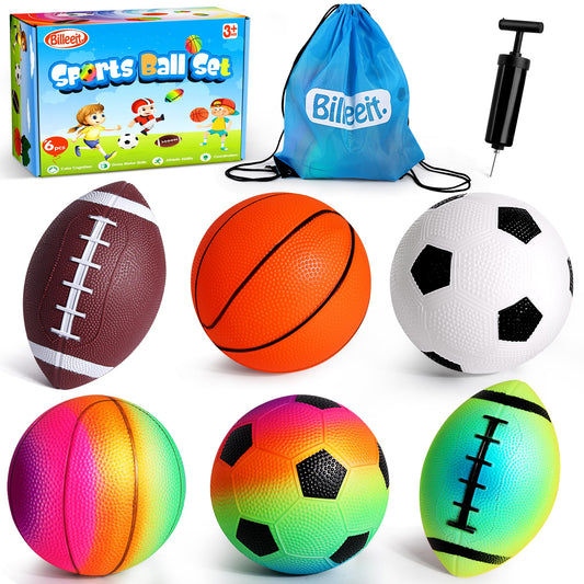 Billeeit Small Sports Balls for Toddler Pack of 6, Ball Gift for Kids, 2 Each of 5" Football, Basketball, Soccer for Playground, Toy Balls Inflatable Multi-Sport Ball Set with 1 Pump, Bulk Available