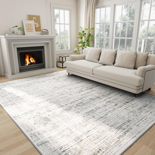 Skiennix 8x10 Area Rug - Washable Anti-Skid Abstract Design for Living Room | Soft Non-Shedding Carpet (White Gray)