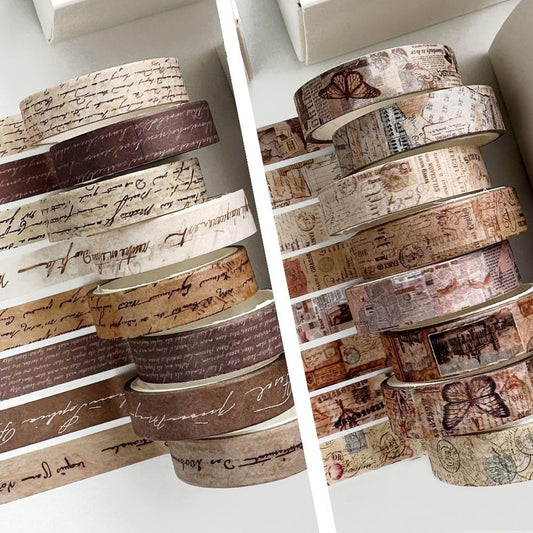 Djenpinex 16 Rolls Vintage Washi Tape Set with Handwritten Text, Retro Junk Books Design, Thin Retro Decorative Antique Patterns Masking Tape for Scrapbook, Journals, Planners, DIY Crafts
