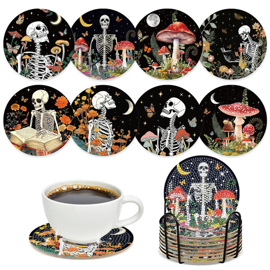 Sitsink Skull Diamond Art Coasters - 8 Pcs DIY Skull Flowers Mushroom Diamond Painting Coasters Kits with Holder for Adults Beginners Gifts Halloween Crafts Supplies