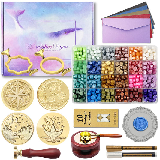 Wax Seal Stamp Kit with Gift Box, 672 Pcs Wax Seal Beads, 4 Pcs Wax Stamps, 2 Pcs Wax Seal Molds, Sealing Wax Warmer, Spoon, Mat, Metallic Pens, Candles, Wax Seal Kit for Craft Gift