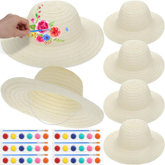 Chicingyou 6 Set DIY Straw Hat Set DIY Tea Party Hats Handmade Cap with Paints Brushes Craft Art Painting Cap Tea Party Supplies Mexican Arts Crafts Gifts for Adults Women Men (Classic Style)