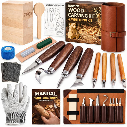 Wood Carving Kit Whittling Kit: Deluxe Wood Carving Tools Knife Set with Leather Case - Woodworking Hobby Kit for Beginners Adults Kids - DIY Art Craft Gift for Men Teens