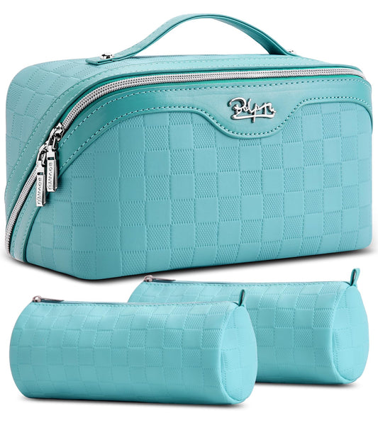 BOYATU Checkered Travel Makeup Bags: Vacation-Ready Light Blue Large Capacity Cosmetic Bag for Women - 3 Pcs Set Toiletry Organizer with Waterproof Leather - Easy to Clean Beach Trip Essential