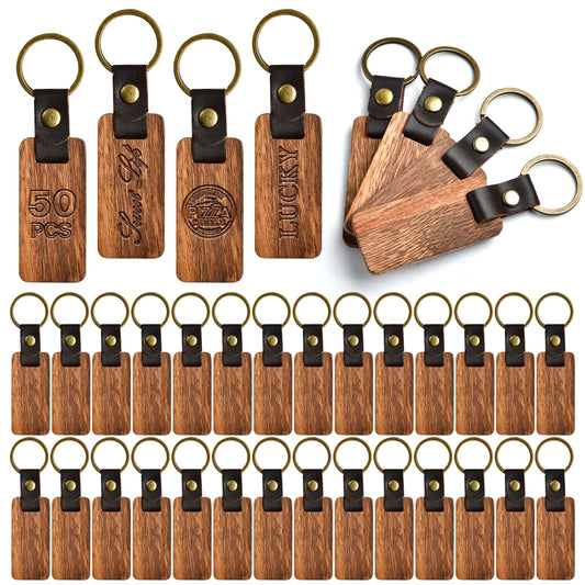 Supkiir 50Pcs Leather Keychain Blanks, Wooden Keychain with Leather Strap, Unfinished Wood Engravable Blank Key Chain for Laser Engraving DIY Various Key Tags Craft Gift