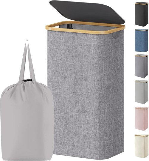 Lifewit 100L Laundry Basket - Foldable Hamper with Lid & Bamboo Handles | Light Gray, Removable Bag