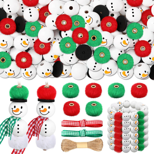 Amyhill 120 Pcs DIY Christmas Snowman Wooden Beads for Craft, Fuzzy Faux Fur Poms, Winter Wood Beads Buffalo Plaid Colorful Print with Twine, for Party Xmas Santa Tree Jewelry Home(Red Green)
