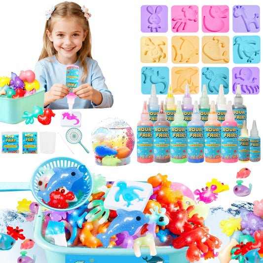 HAHONIA Magic Water Elf Toy Kit with 12 Colored Gel/2 Luminous Glue, DIY Crafts Kits Sensory Toys for Kids with 12 Shape Molds/Terrarium