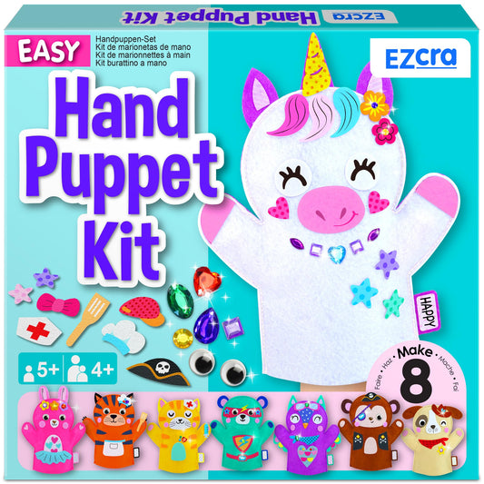 EZCRA Unicorn Hand Puppet Making Kit for Kids Age 5-8 - DIY Puppet Making Craft Kit - Creative Arts & Crafts Set, Educational Gift - Pretend Play Toys - 8 Projects, Extra Stickers for Decoration