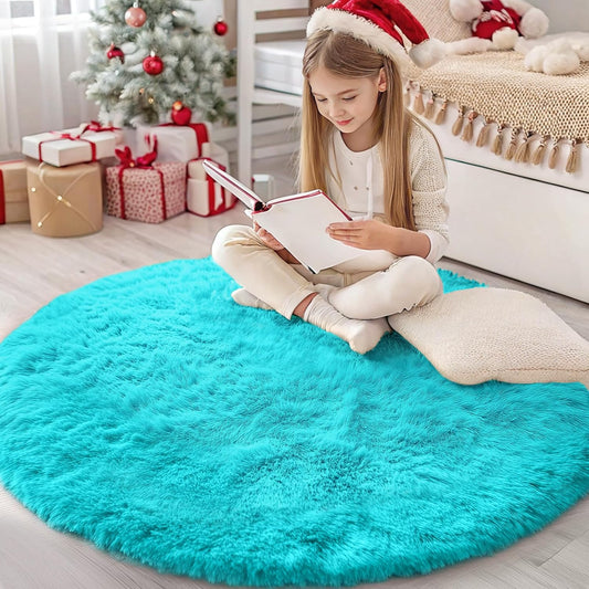 OLANLY Teal Blue Round Area Rug - Soft, Fluffy, Machine Washable 4 ft Carpet for Bedroom & Living Room Decor