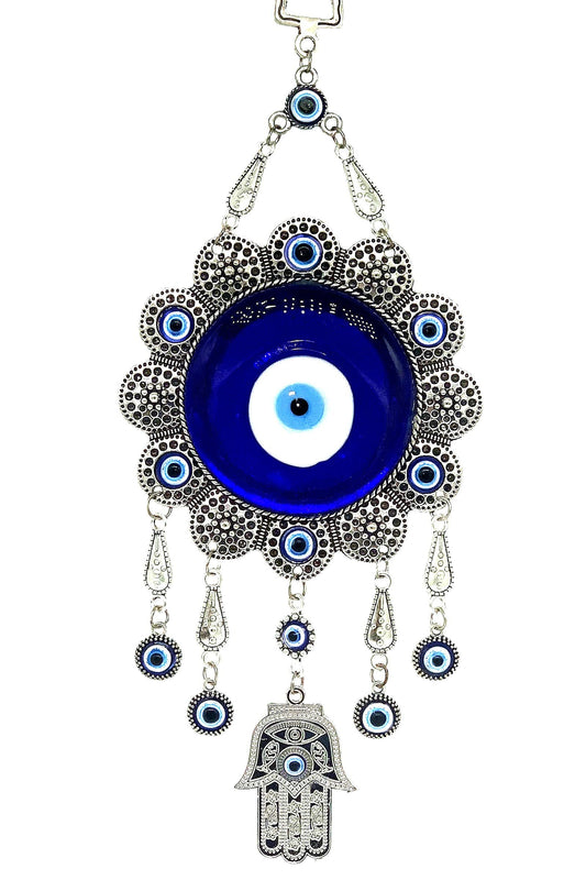 Blue Evil Eye with Hamsa Hand Protection Wall Hanging Ornament Decor Sunflower Design (with a Betterdecor Pouch)-006