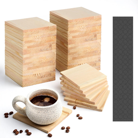 SHENLIU 60 PCS Unfinished Square Wood Coasters, 4 Inch Blank Wooden Craft Coasters with 240 Non-Slip Foam Pad Stickers for DIY Stained Painting Wood Engraving Home Decoration