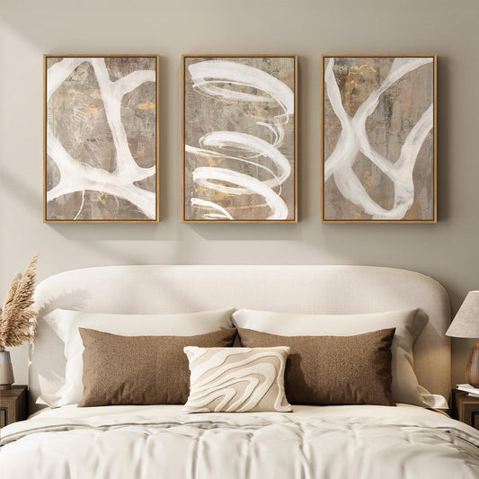 Framed Neutral Abstract Wall Art for Bedroom, 3 Piece Modern Canvas Prints Paintings Artwork for Walls, Minimalist Beige White Taupe Pictures for Living Room Dining Hallway Office Wall Decor 16x24 In
