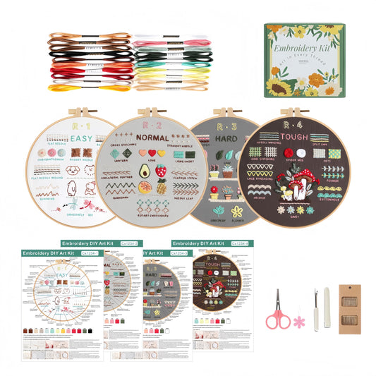 URFEEL 4-Stage Embroidery Kits, Master 38 Stitches from Beginner to Advanced with Guide & Video Tutorials, Multiple Tools, DIY Craft Gift