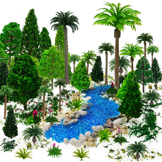 QuarenDen 42Pcs Diorama Supplies Kit, Model Trees, Miniature Palm Trees, Architecture Tree, Decorative Sand, Stone, Grass, Moss Stick,Scenery Basing Material Kit for DIY Craft, Model Train Scenery