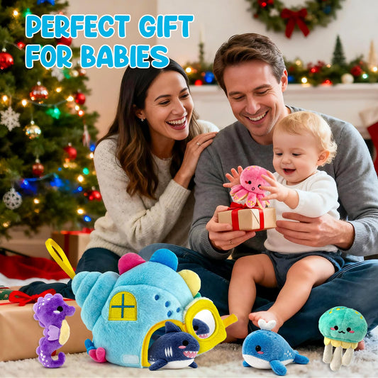 pamexin Baby Toys 6-12 Months, Ocean Stuffed Animals Set with 1 Conch House and 5 Sea Creatures, Rattle, Lanyard, Mirror, Montessori Toys for 6+ Month Old, Gifts for Babies Grandkids