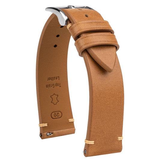 Gomvadr Handmade Slim Vintage Top Grain Leather Watch Strap, Quick Release, 18 mm/19 mm/20 mm/21 mm/22 mm, Silver/Black Buckle, Tan/Brown/Blue/Black/Coffee, Unisex for Men Women (Yellowish Brown with Silver Buckle, 20mm)