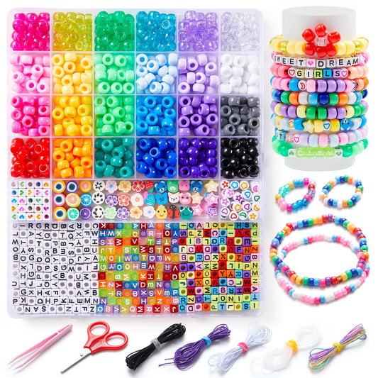INSCRAFT 1200PCS Bracelet Making Kit, 24 Colors Pony Rainbow Kandi Beads, Friendship Bracelet Kit with Elastic Strings for Jewelry Making, Craft Gifts for Girls Adults