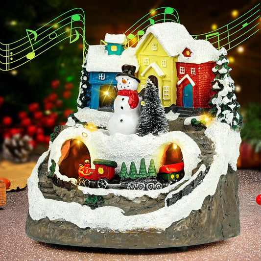 Skiennix Musical Resin Snowman Figurines - Spinning Train & LED Lights | Holiday Indoor Decor