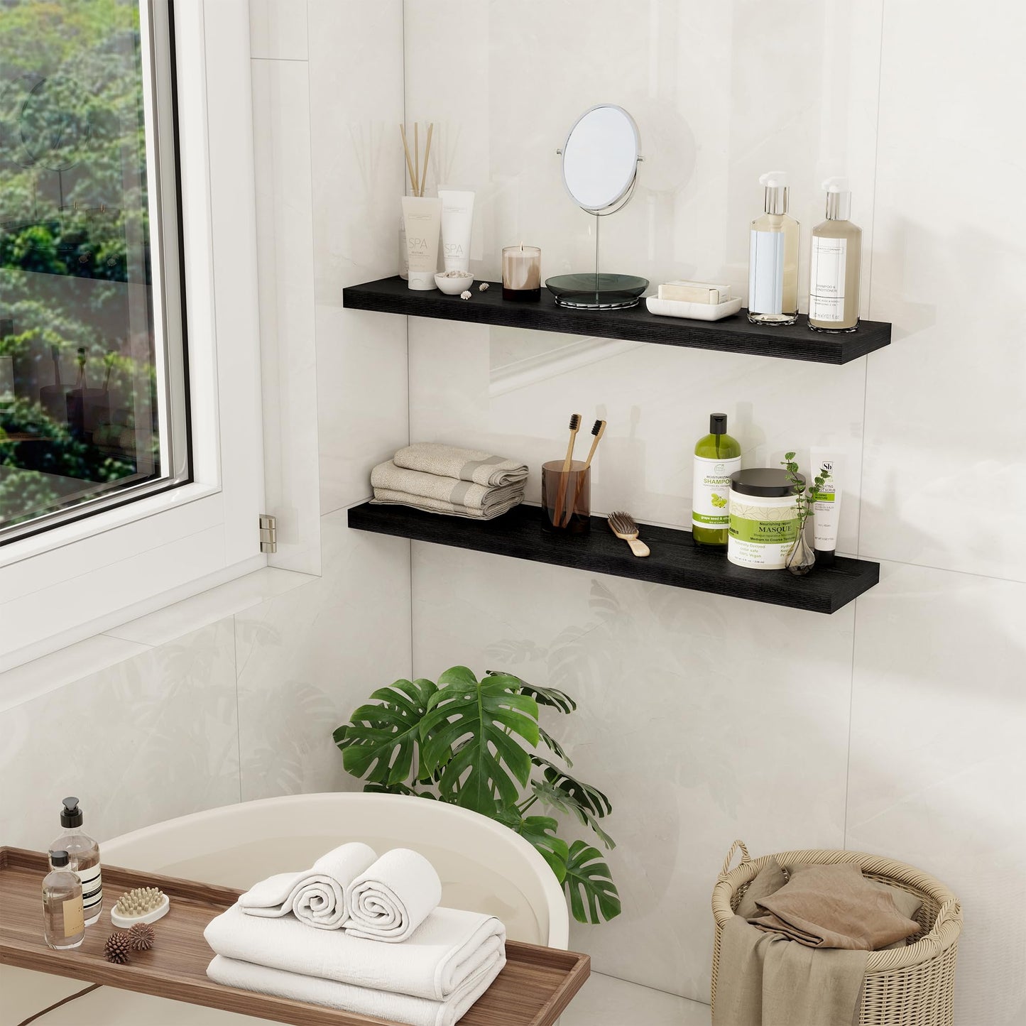 Fun Memories 32Inch Floating Shelves for Wall 2 Pack Wood Shelves for Kitchen, Bathroom, Bedroom Wall Mounted Rustic Wood Floating Shelf with Invisible Brackets for Books, Storage, Decor, Black