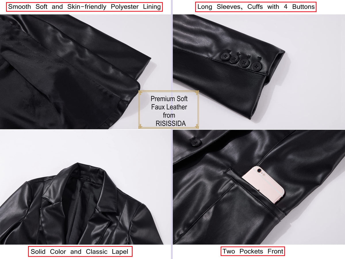 RISISSIDA Women Faux Leather Blazer Jacket,Soft PLeather PU Coat,Black,S