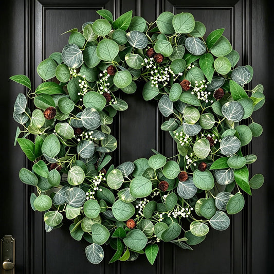 YUGALI 24" Spring Summer Eucalyptus Wreaths for Front Door, Artificial Silk Green Silver Dollar Eucalyptus Olive Leaves with White Berry Pinecone Accents Farmhouse All Seasons Outdoor Home Decor