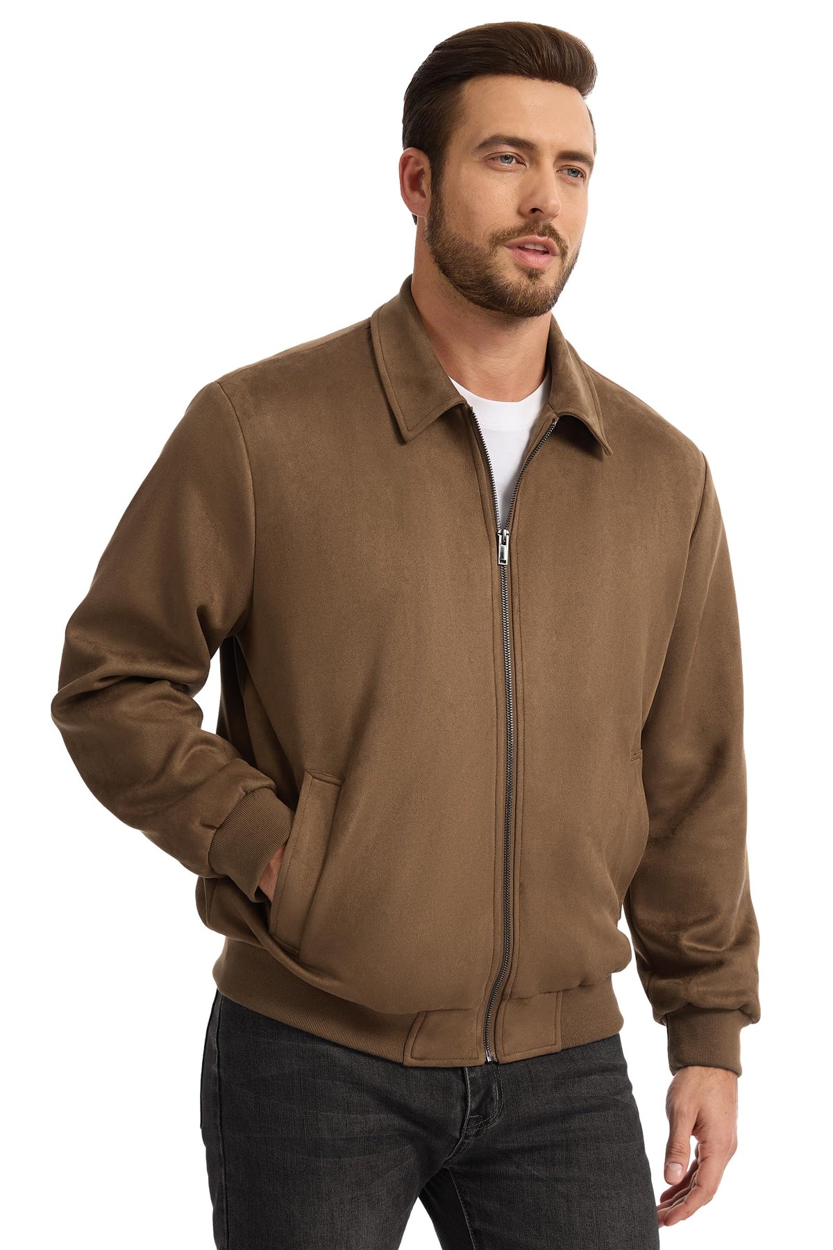 Fahsyee Men's Faux Suede Bomber Jacket Casual Stylish Outwear, Lightweight Vintage Coat With Full Zipper Brown XXL