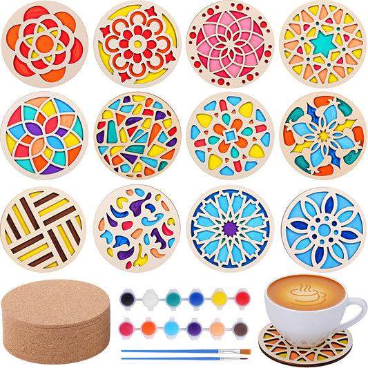 Reallnaive Wood Coasters Craft Kit Paint You Own Coaster Wooden Painting Craft Kits for Adults and Beginners DIY Coasters Kit Mandala Painting Crafts Art Supplies(12 Pcs,Mandala)