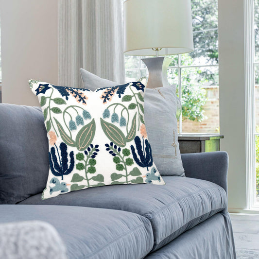 Alysheer Floral Embroidered Spring Decorative Throw Pillow Covers 20"x 20" Set of 2, Farmhouse Cottage Navy Blue Green Flowers Leaves Knit Pattern Cotton Canvas Cushion Case for Couch Bed Living Room