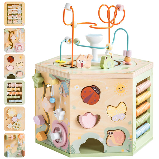 ROBUD 13-in-1 Wooden Activity Cube, Montessori Toys for 1+ Year Old Boys & Girls, Multipurpose Educational Sensory Toy for Toddlers, Educational Learning Toys, Fountain Garden Theme