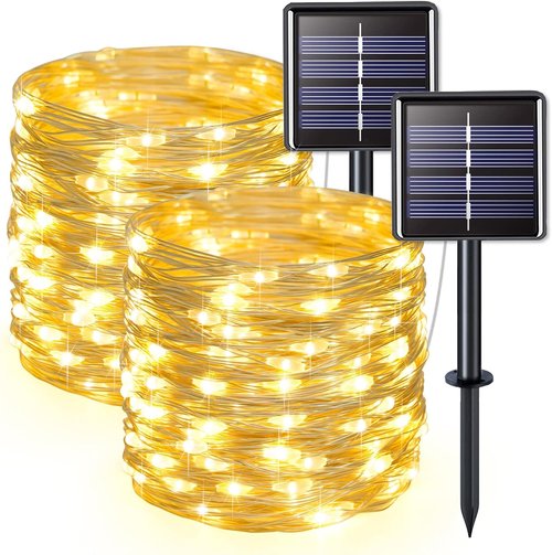 JMEXSUSS Solar String Lights - 2 Pack 33FT 100 LED Warm White Fairy Lights | Waterproof Copper Wire for Outdoor Decor