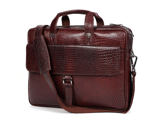 Leder Luxus 16" Crocodile Embossed Leather Briefcases for Men, Laptop Briefcase For Men, Satchel Shoulder Bag,2 Zipper Pockets, 2 Spacious Compartments,1 Flap Pocket 12x16x4 inches (Classic Brown)