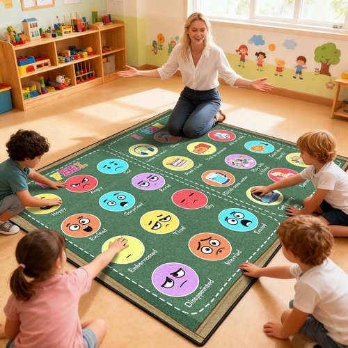 GRAMBET Classroom Rug Elementary 5x7ft for Playroom, Educational Smiley Face Kids Play Mat, Calming Corner Sensory Emotion Feelings Rug for Kids Room Nursery Bedroom, Non-Slip Washable(Green)