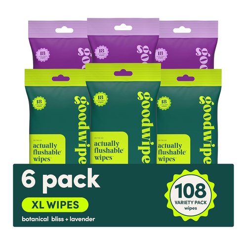 Goodwipes Flushable Wipes - Extra Large Adult Wet Wipes for On-the-Go Hygiene | Botanical Bliss & Lavender, 108 Count (6 Packs)
