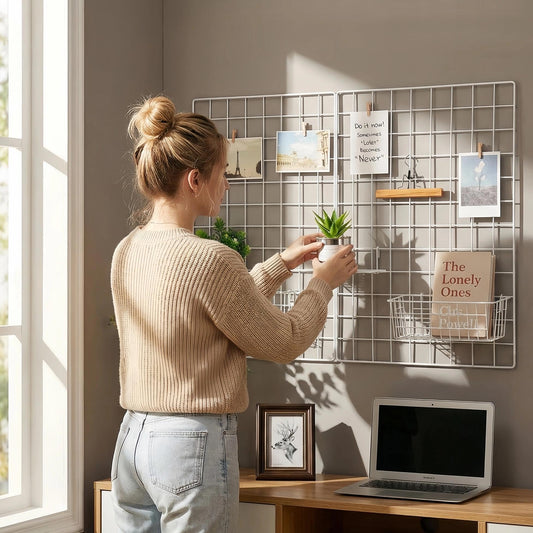Kaforise Wire Wall Grid Panel, Multifunction Painted Photo Hanging Display and Wall Storage Organizer, Pack of 2, Size 25.6" x 17.7" White