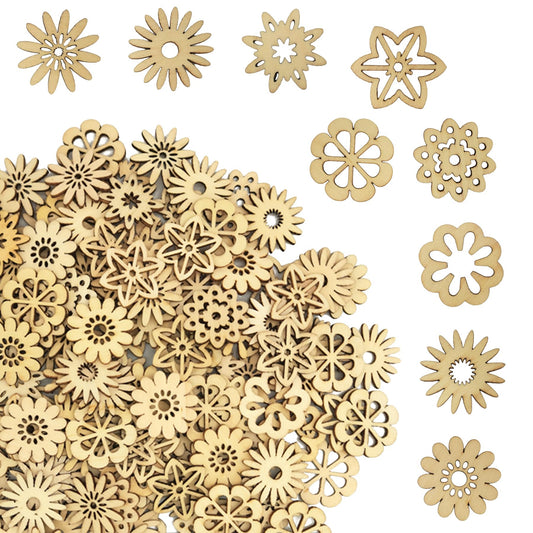DIYOMR 200Pcs Unfinished Wood Pieces Hollow Wooden Art Decor, Vintage Embellishments Decorative Accessories for Scrapbooking Crafts DIY Home Decor (Flowers)