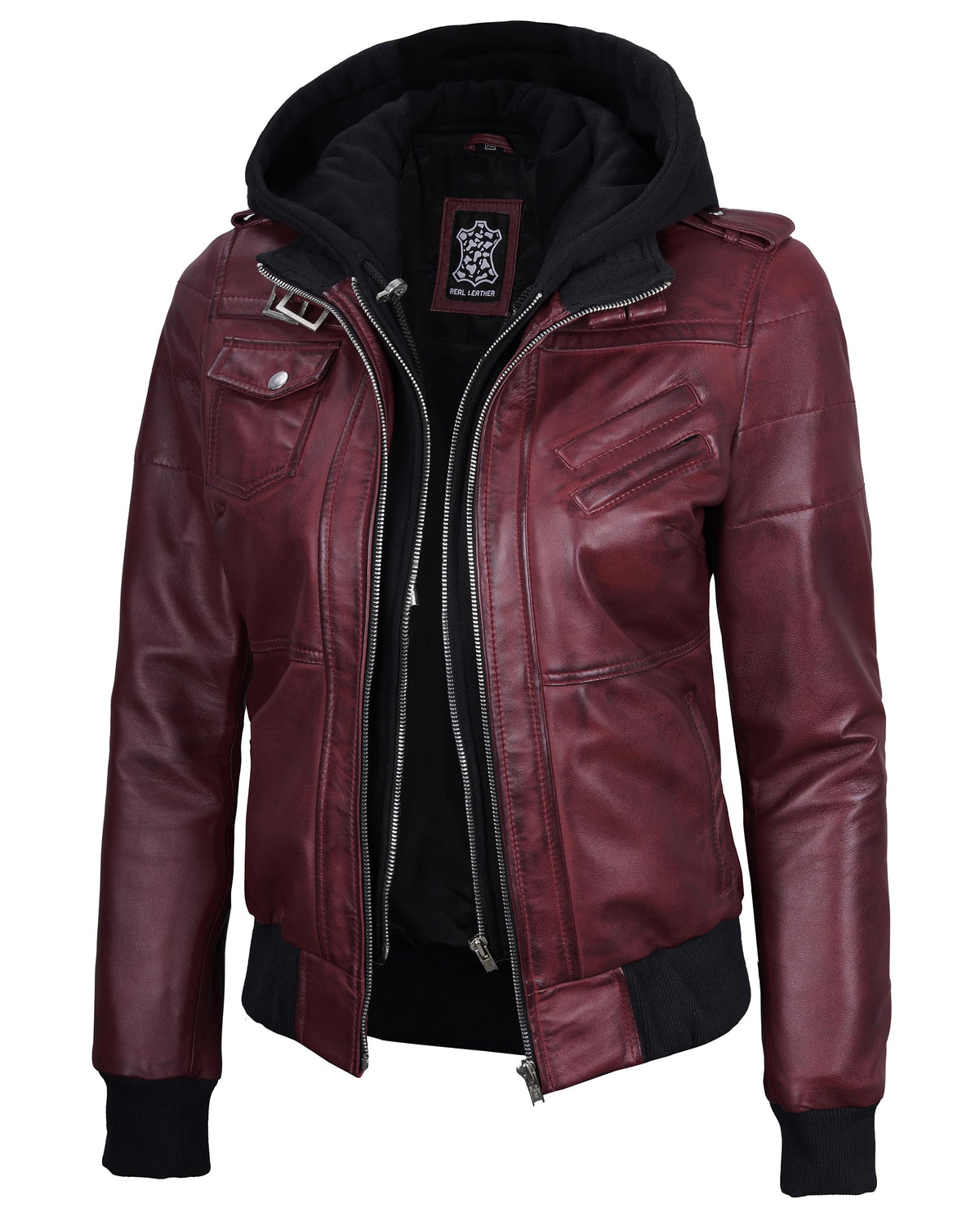Decrum Leather Jacket with Hood - Women's Bomber Jacket | [1326995] Edinburgh Burgundy, XL