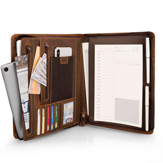 Full Grain Leather Portfolio with Zipper, Professional Business Organizer for Men Women, Executive Resume Folder with A4 Notepad Holder, Card Slots, Pen Loop, 10x13'', Luxury Gift Set