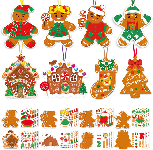 Christmas Ornament Craft Kits for Kids - DIY Gingerbread Christmas Decorations, 24PCS Set with 8 Festive Designs Including Gingerbread Man, Tree, Stocking, Stickers & Strings for Xmas Party Favors