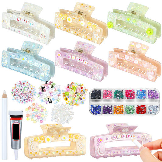 Suncalla 6 Set DIY Hair Claw Clips Kit Acrylic Claw Clip with Resin Rhinestones Pearls Hair Clips with Strong Hold Non-slip Banana Barrettes for Women Party Crafting Night DIY(Rectangle)