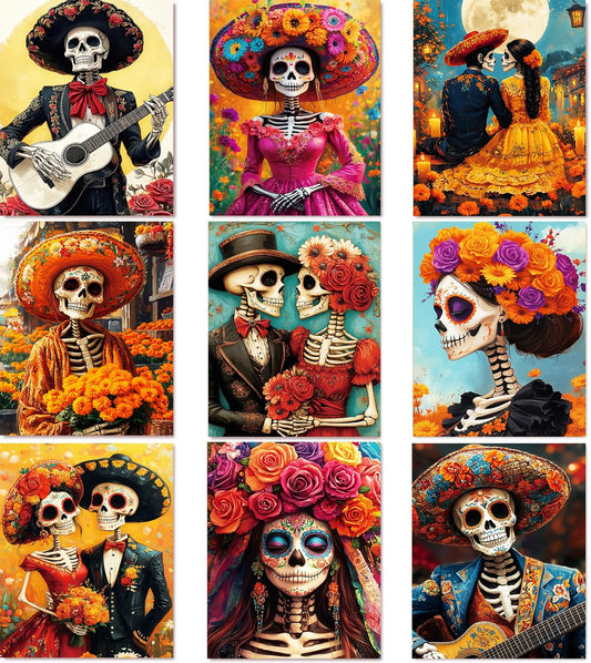 WUDWL 9 Pack Halloween Diamond Art Kits for Adults Beginner, Day of the Dead DIY Modern Diamond Painting Kits 5D Diamond Dots Gem Art Crafts with Tools,Round Full Drill for Women's hobbies-12x16in