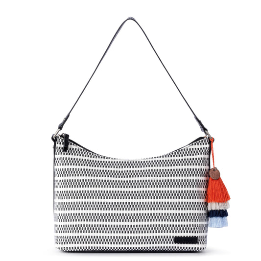 Sakroots Banyan Hobo – Shoulder bag with Zipper Closure, Back Zipper Pocket, detachable key dangle. Lightweight Travel, Work, or Everyday Hobo for Women - Black & White Woven