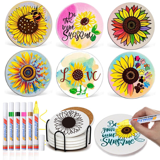 Paint Your Own Sunflower Coaster with Markers,Arts and Crafts for Adul,6 Absorbent Ceramic Tiles with Cork Base,DIY Painting Kit Sunflower Gifts for Women,Crafts for Seniors Adults All Ages Teens