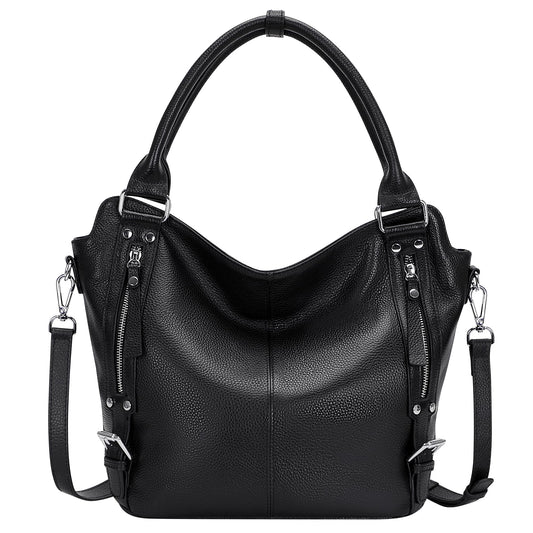Over Earth Genuine Leather Handbags for Women Hobo Shoulder Bags Ladies Tote Bag(O172E Black)