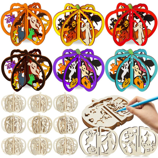 AceOrbit 36 Pcs Halloween Wooden Crafts Kits Pumpkin Bats Spider DIY Unfinished Wooden Slices to Paint 3D Blank Wood Cutouts for Halloween Table Decorations Arts, 6.7" x 7.9"