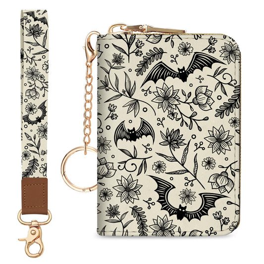Blusabaca Credit Card Holder for Women, Goth Small RFID Blocking Wallet with Wristlet Strap, Gothic Zipper Keychain Women Wallet, Leather Card Case Wallet Purse with Key Lanyard