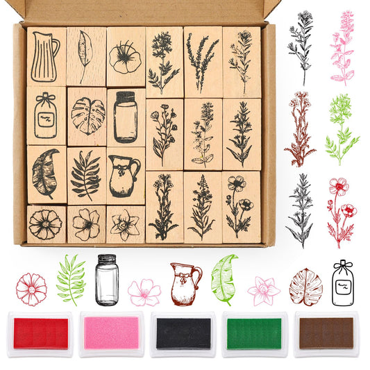 AnyDesign 26 Pcs Flower Wooden Rubber Stamps with Craft Ink Pads Vintage Floral Plant Botanical DIY Craft Stamps for Party Decor Scrapbooking Cards Making